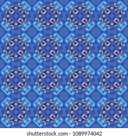 Moroccan, Turkish, Indian modern floor tiles in blue, violet and purple colors. Seamless vector background pattern.