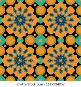 Moroccan, Turkish, Indian modern floor tiles in orange, black and green colors. Seamless vector background pattern.