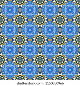 Moroccan, Turkish, Indian modern floor tiles in gray, blue and orange colors. Seamless vector background pattern.
