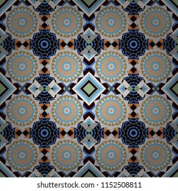 Moroccan, Turkish, Indian modern floor tiles in gray, blue and beige colors. Seamless vector background pattern.