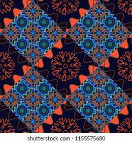 Moroccan, Turkish, Indian modern floor tiles in orange, black and blue colors. Seamless vector background pattern.