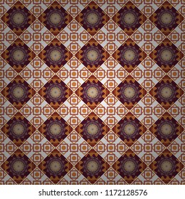 Moroccan, Turkish, Indian modern floor tiles in purple, white and yellow colors. Seamless vector background pattern.