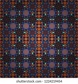 Moroccan, Turkish, Indian modern floor tiles in orange, blue and black colors. Seamless vector background pattern.