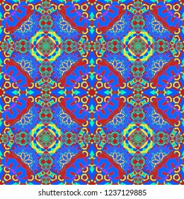 Moroccan, Turkish, Indian modern floor tiles in green, blue and red colors. Seamless vector background pattern.