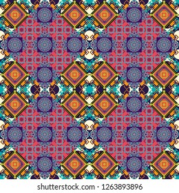 Moroccan, Turkish, Indian modern floor tiles in blue, gray and beige colors. Seamless vector background pattern.