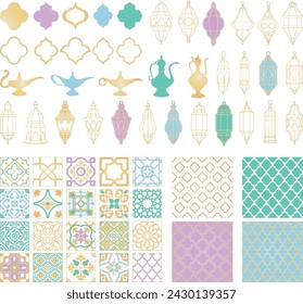 Moroccan Vector Elements. Arabian Ornament. Frame, Arabic lantern, lamp, tile. Arabic pattern