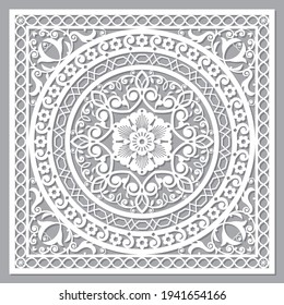 Moroccan vector mandala design inspired by the oriental carved wood wall art patterns from Morocco. Moorish artwork in white on gray, Arabic decorative wooden wall panel style background

