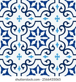 Moroccan-inspired blue Mediterranean tiles. Vector illustration. Fill your home with Mediterranean breeze with this geometric design in shades of blue.