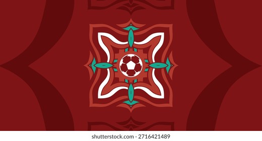 Padrão geométrico de inspiração marroquina com um layout ornamental simétrico com um ícone central de futebol. Este design de esportes abstratos combina a estética tradicional da arte islâmica com um tema de futebol moderno, tornando-o ideal para marcas de esportes, cartazes, visuais de eventos, gráficos de mídia social, papéis de parede e aplicações de design digital e impresso.