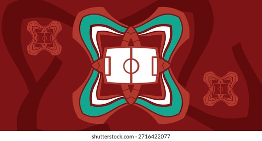 Moroccan-inspired geometric pattern featuring a symmetrical ornamental composition with a stylized football field at the center. This abstract sports design combines traditional Islamic and Moroccan art aesthetics with a modern football theme, making it ideal for sports branding, match posters, event visuals, social media graphics, wallpapers, and creative digital or print design projects.