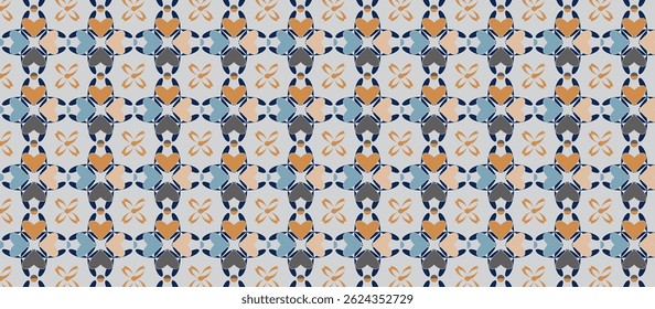 Padrão floral repetitivo de inspiração marroquina com tesselação geométrica em laranja-marrom, pêssego, azul empoeirado, cinza escuro e marinha