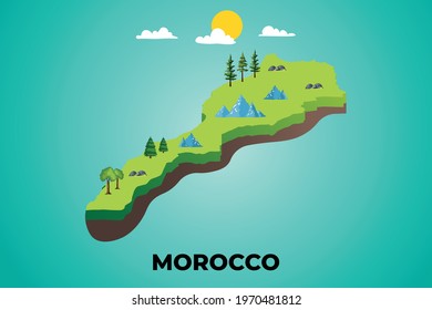 morocco 3d isometric map with topographic details mountains, trees and soil vector illustration design