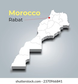 Mapa 3d de Marruecos con fronteras de regiones y su capital