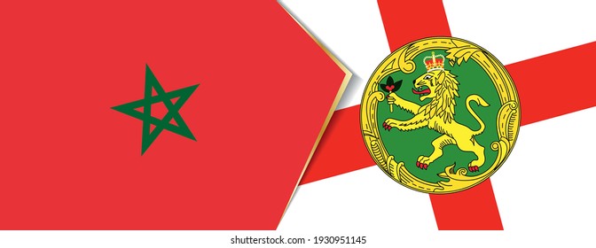 Morocco and Alderney flags, two vector flags symbol of relationship or confrontation.