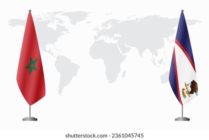 Marokko und die amerikanischen Samoa-Flaggen für offizielle Treffen auf dem Hintergrund der Weltkarte.