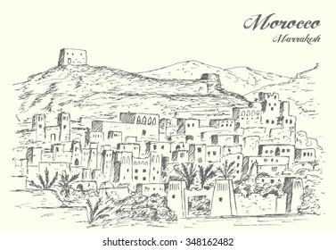 Morocco Ancient City Landscape Hand Drawn Isolated Vector Illustration