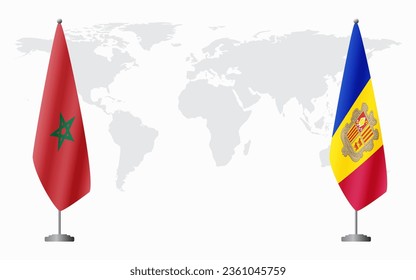 Morocco and Andorra flags for official meeting against background of world map.