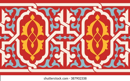 Morocco Antique Seamless Border. Traditional Arabic Design. Islamic Background. Red Yellow Blue colors