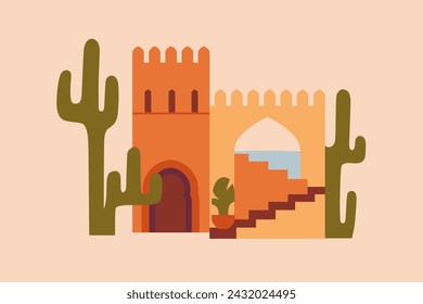 Morocco architecture card. Abstract Moroccan building, arches, tower, stairs. Berber house in ancient Marrakesh and Medina style. Traditional Maroc, Marrakech postcard. Flat vector illustration