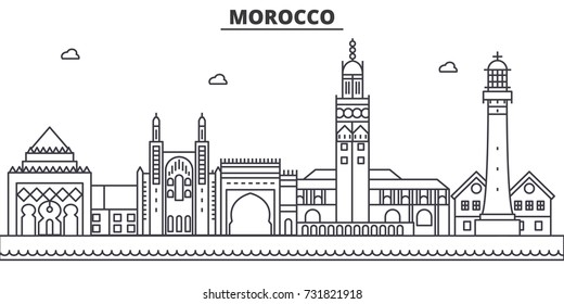 Morocco architecture line skyline illustration. Linear vector cityscape with famous landmarks, city sights, design icons. Landscape wtih editable strokes