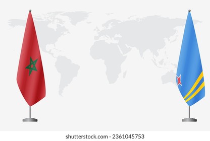 Morocco and Aruba flags for official meeting against background of world map.