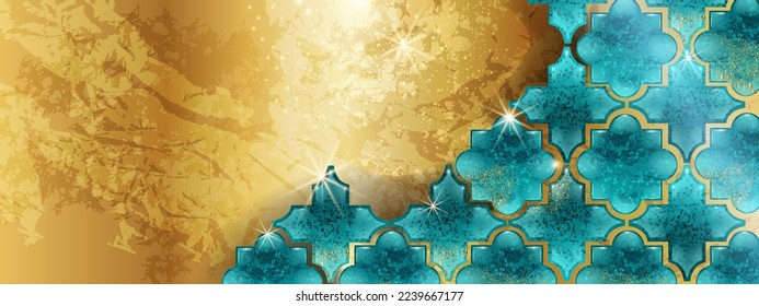 Morocco background pattern, turkey traditional islamic design, Marrakesh abstract ornament. Golden marble texture blue turquoise muslim tillable wallpaper, royal stone mosaic. Oriental Morocco pattern