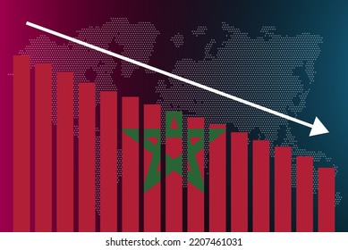 Morocco bar chart graph, decreasing values, crisis and downgrade concept, Morocco flag on bar graph, down arrow on data, news banner idea, fail and decrease, financial statistic