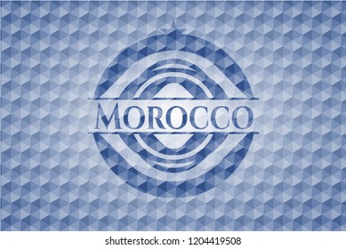 Morocco blue badge with geometric pattern background.