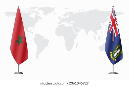Morocco and British Virgin Islands flags for official meeting against background of world map.