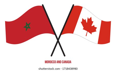 Banderas de Marruecos y Canadá Cruzadas y ondeando estilo plano. Proporción oficial. Colores correctos.