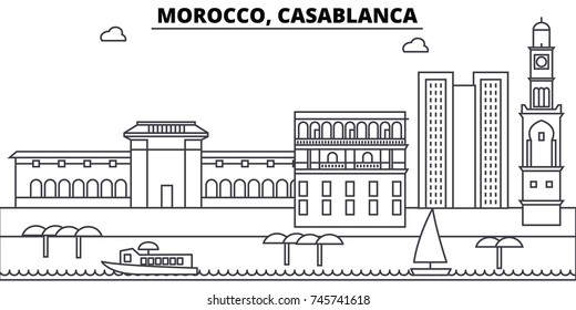 Morocco, Casablanca architecture skyline buildings, silhouette, outline landscape, landmarks. Editable strokes. Urban skyline illustration. Flat design vector, line concept