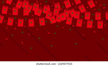 Morocco celebration bunting flags with confetti and ribbons on red background. vector illustration.