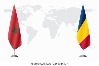 Morocco and Chad flags for official meeting against background of world map.
