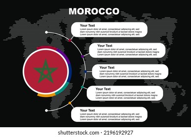 Morocco circle infographic with information text spaces, black background with world map, Morocco circle country flag, presentation graphic idea, info and data template for countries