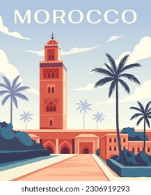 Marokko Stadtplakat. Palmen und orientalische Architektur. Traditionelle Häuser und Moschee. Muslimischer Turm oder Denkmal mit Bäumen, Skyline. Reisen, Tourismus und Attraktion. Cartoon-Flavektor-Vektorgrafik