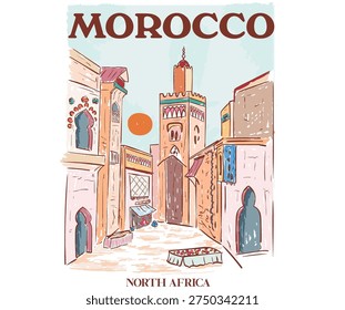 Morocco city print design for t shirt. North African city street view.