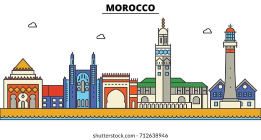 Morocco, . City skyline: architecture, buildings, streets, silhouette, landscape, panorama, landmarks. Editable strokes. Flat design line vector illustration concept. Isolated icons set