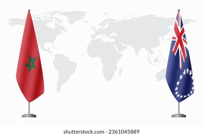 Morocco and Cook Islands flags for official meeting against background of world map.