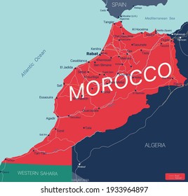 Morocco country detailed editable map with regions cities and towns, roads and railways, geographic sites. Vector EPS-10 file