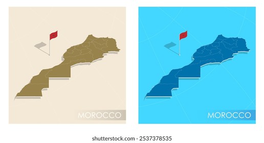 Morocco country flag installed on geographic positioning map point of country territory. Moroccan commonwealth banner on land and sea. Festive patriotic HD format template for independence day