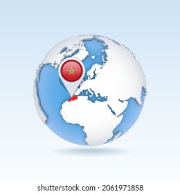 Morocco - country map and flag located on globe, world map. 3D Vector illustration