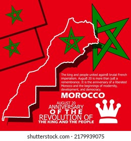 Morocco Country Map And Flags With King Crown Icon And Bold Text With Sentences On Red Background To Celebrate Anniversary Of The Revolution Of The King And The People August 20 In Morocco