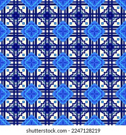 Morocco creative textile seamless pattern. Blue oriental wallpaper. Abstract geometric background. Vector illustration, seamless Mediterranean pattern. Portuguese floor tiles oriental design. 