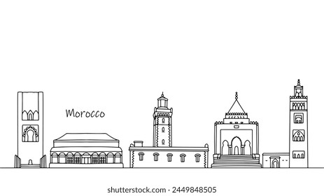 Marruecos. La herencia cultural de un hermoso país africano. Lugares que atraen la atención de los turistas. Ilustración de línea simple.