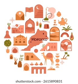 Morocco culture elements, arches and doors of terracotta Marrakech buildings, Moroccan map in round infographic poster. Pottery and camel, arabic style in circle pattern cartoon vector illustration