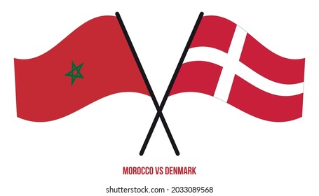 Morocco and Denmark Flags Crossed And Waving Flat Style. Official Proportion. Correct Colors.