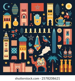 Morocco design elements collection with famous cultural symbols and architecture. Moroccan travel clip arts set with tourist landmarks, souvenirs, animals, arabic food and architectural monuments.