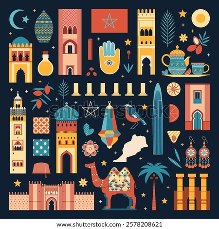 Morocco design elements collection with famous cultural symbols and architecture. Moroccan travel clip arts set with tourist landmarks, souvenirs, animals, arabic food and architectural monuments.