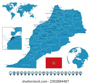Morocco - detailed blue country map with cities, regions, location on world map and globe. Infographic icons. Vector illustration