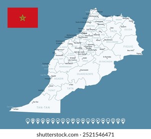 Morocco - detailed blue country map with cities and regions. Infographic icons. Vector illustration